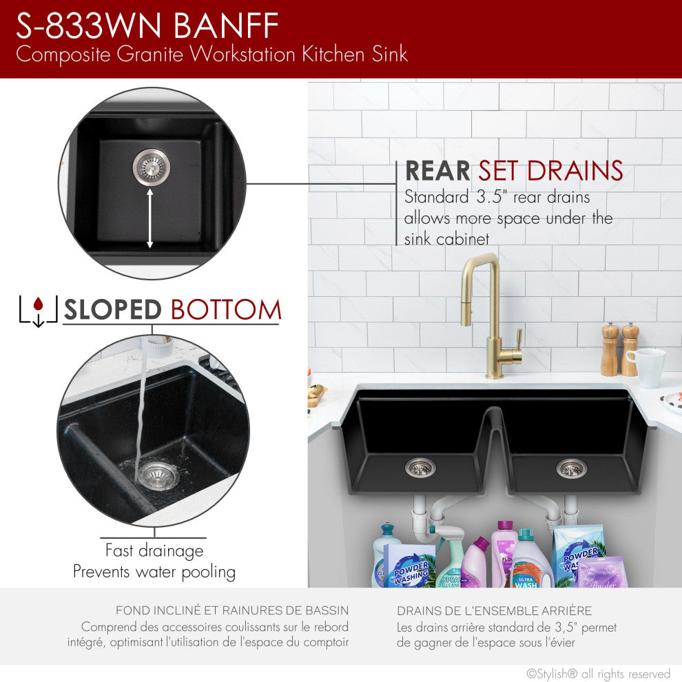 33" Dual Mount Workstation Double Bowl Black Granite Kitchen Sink