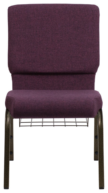 18.5''W Church Chair in Plum Fabric with Cup Book Rack-Gold Vein Frame