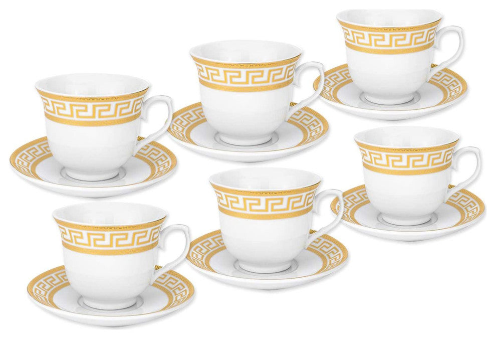 Royalty Porcelain 12pc Tea Set Greek Key 6 Cups, 6 Saucers, Bone China (Gold)