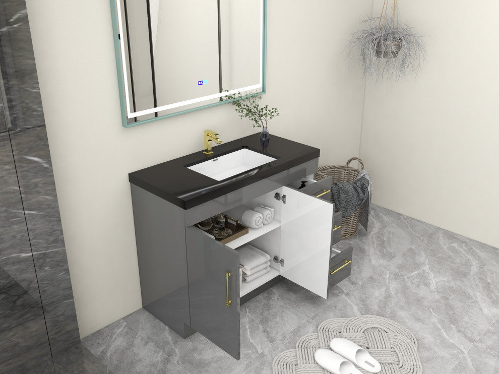 Rosa 42" Free Standing Modern Vanity, High Gloss Gray, Matt Black Top