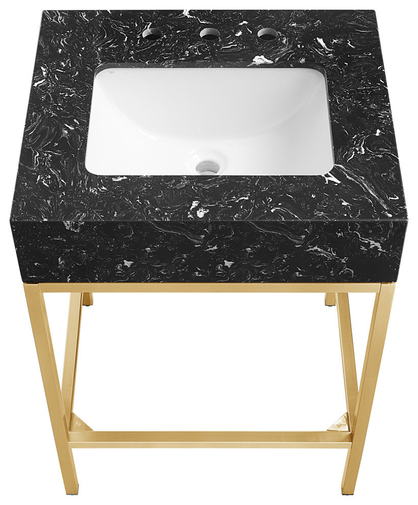Marmo Bathroom Vanity, Black, 24" Wide, Brushed Brass Finish