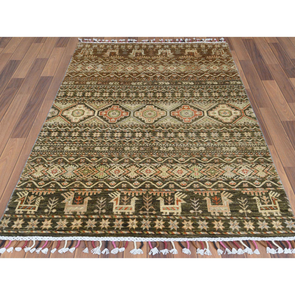 Green With Colorful Tassles Hand Knotted Super Kazak Khorjin Rug, 4'0"x5'9"