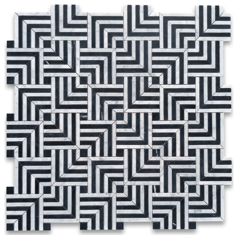 Carrara White Nero Marquina Black Marble Maze Square Weave Mosaic Tile, 1 sheet