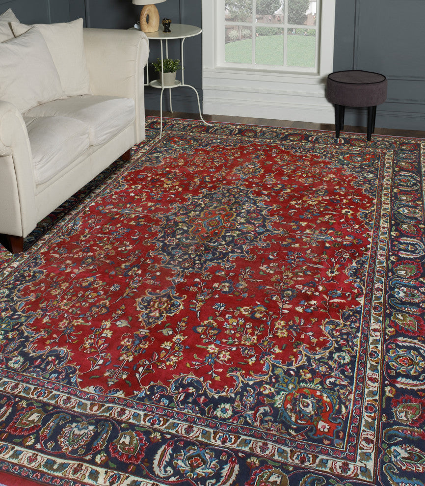 Fine Vintage Distressed Netice Red/Navy Rug, 9'8 x 12'8