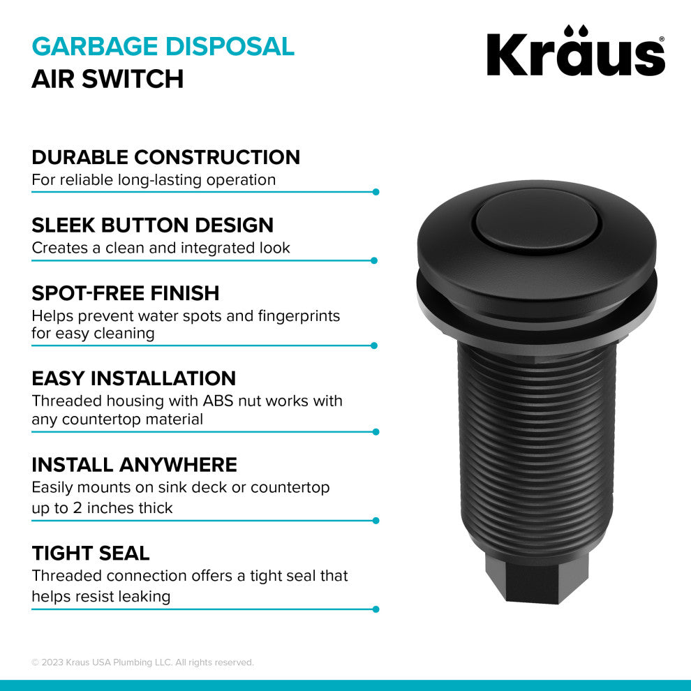 KRAUS Garbage Disposal Air Switch Kit w Push Button, AC Adapter, Cord, Tube, Matte Black