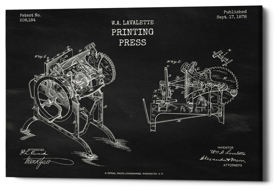 Epic Graffiti "Printing Press Blueprint Patent Chalkboard" Giclee Canvas,12"x18"