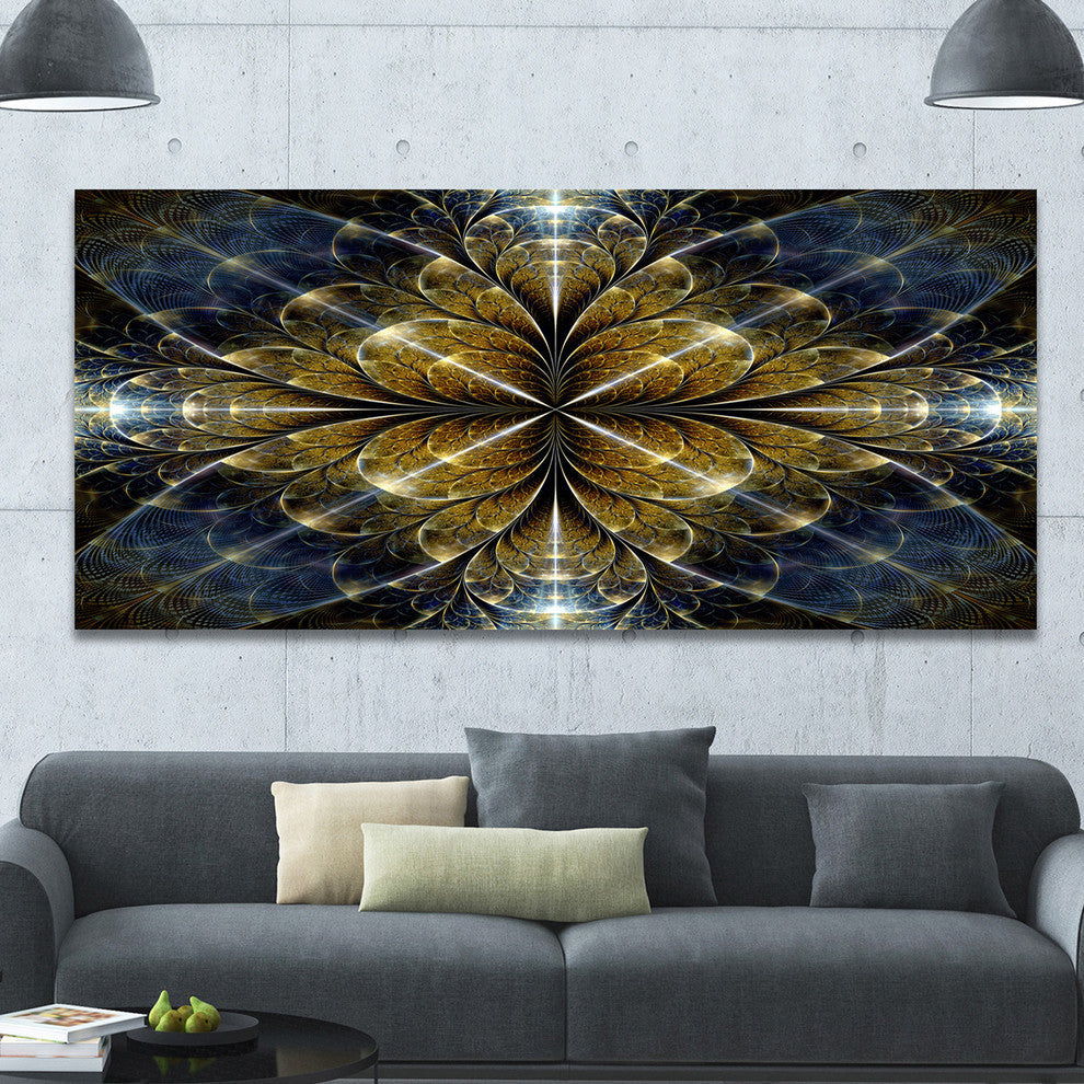 Digital Gold Fractal Flower Pattern, Oversized Abstract Canvas Art Print, 60x28