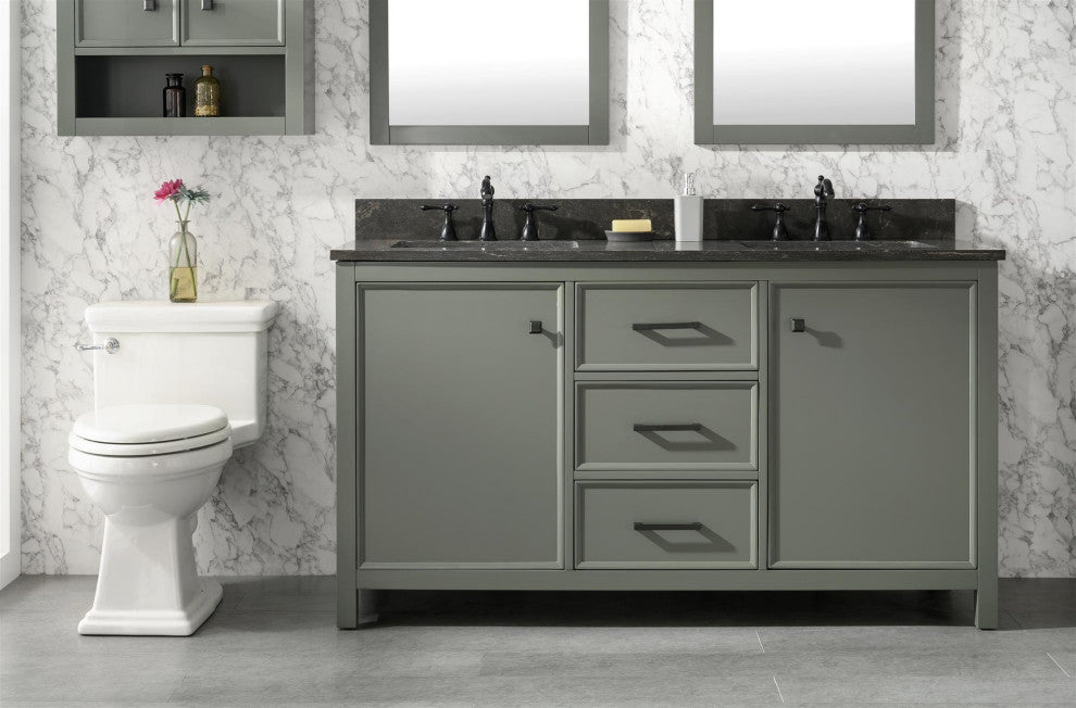 60" Double Sink Vanity Cabinet, Carrara White Top, Pewter Green
