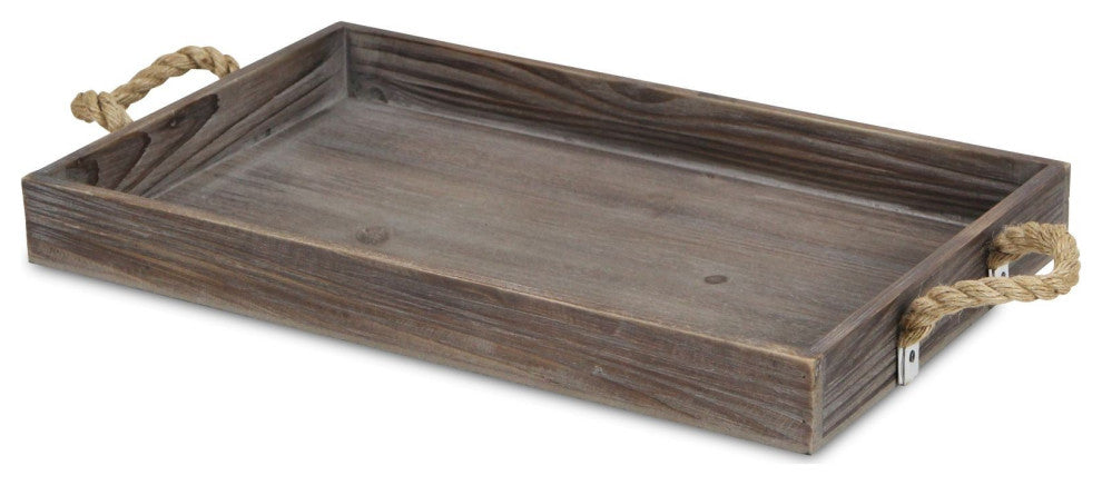 Dark Brown Wooden Tray With Rope Handles