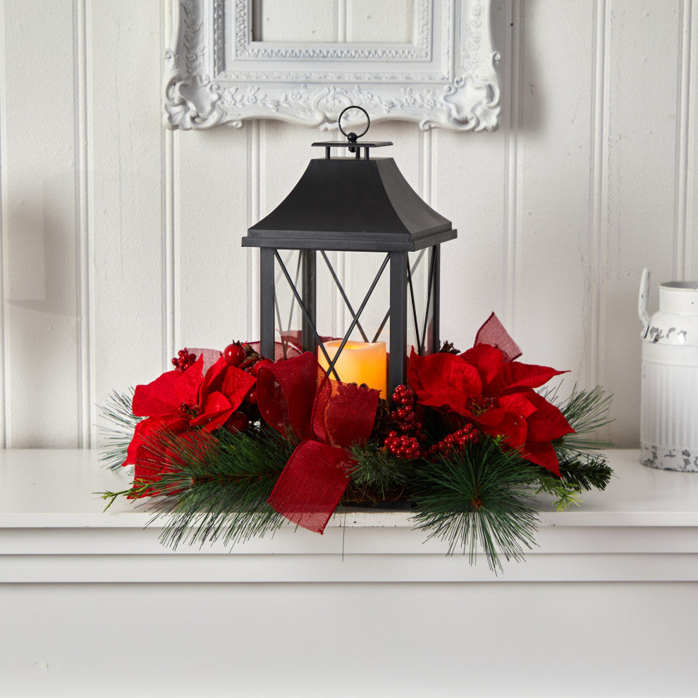 15" Holiday Poinsettia, Pinecone & Greenery W/ Lantern & LED Candle Arrangement