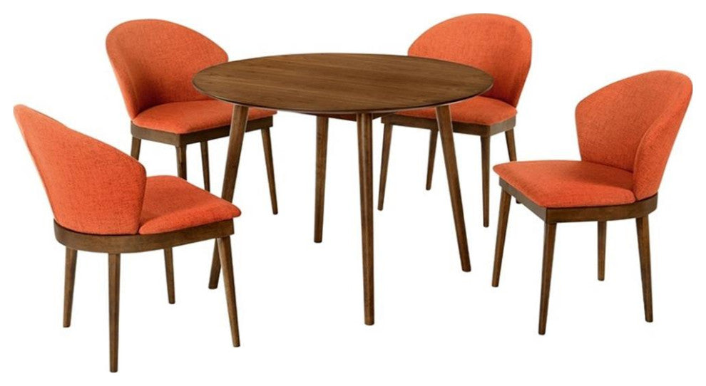 Armen Living Arcadia and Juno Round Wood 5-Piece Dining Set in Orange/Brown
