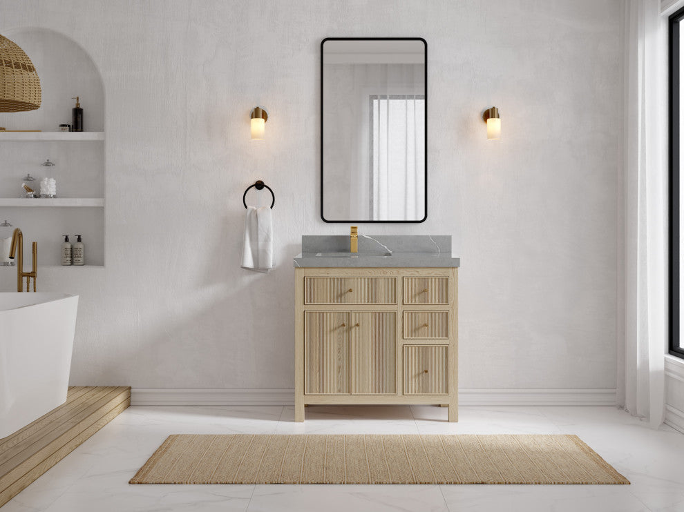 Sonoma Oak 36 Left Offset Bath Vanity with 2" Piatra Gray Quartz