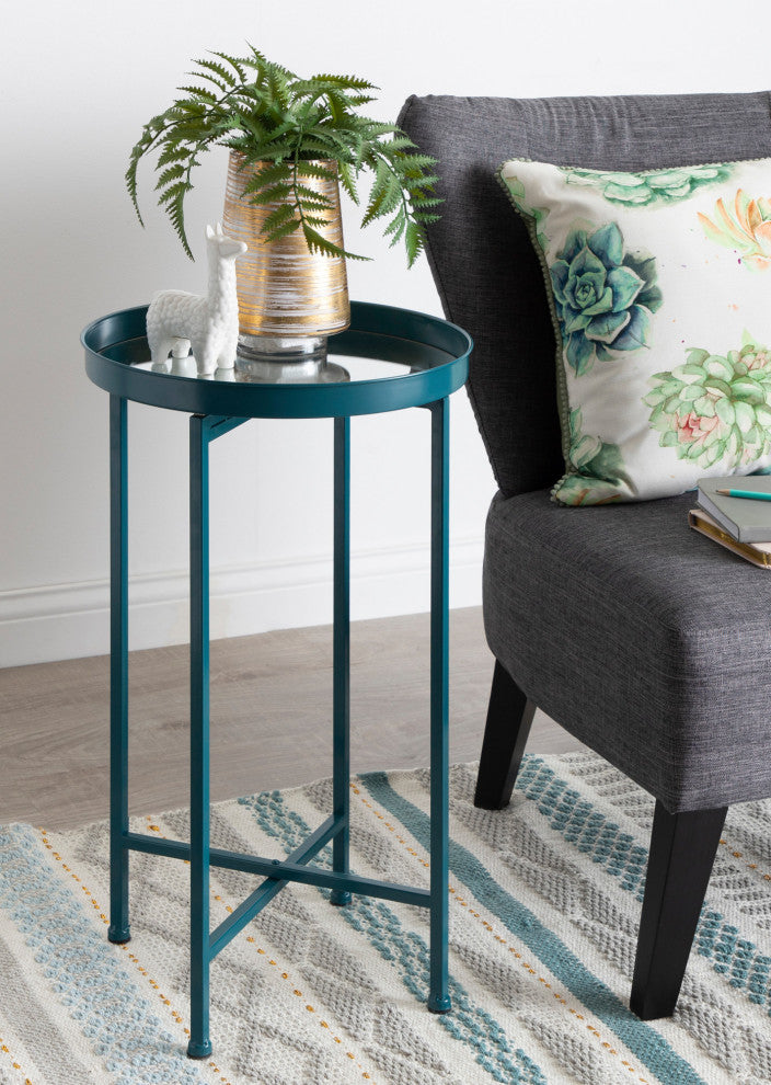 Celia Round Metal Foldable Tray Accent Table, Teal 14x14x25.75