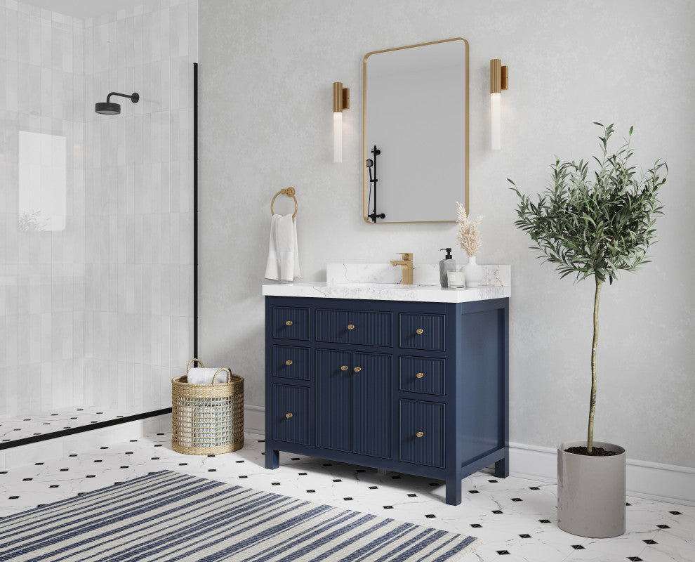 Sonoma 42 Single Sink Reeded Bath Vanity in Hale Navy Blue 2" Calacatta Laza