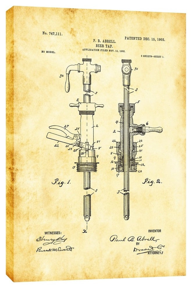 Epic Graffiti "Beer Tab Vintage Patent Blueprint" Giclee Canvas Art, 26"x40"