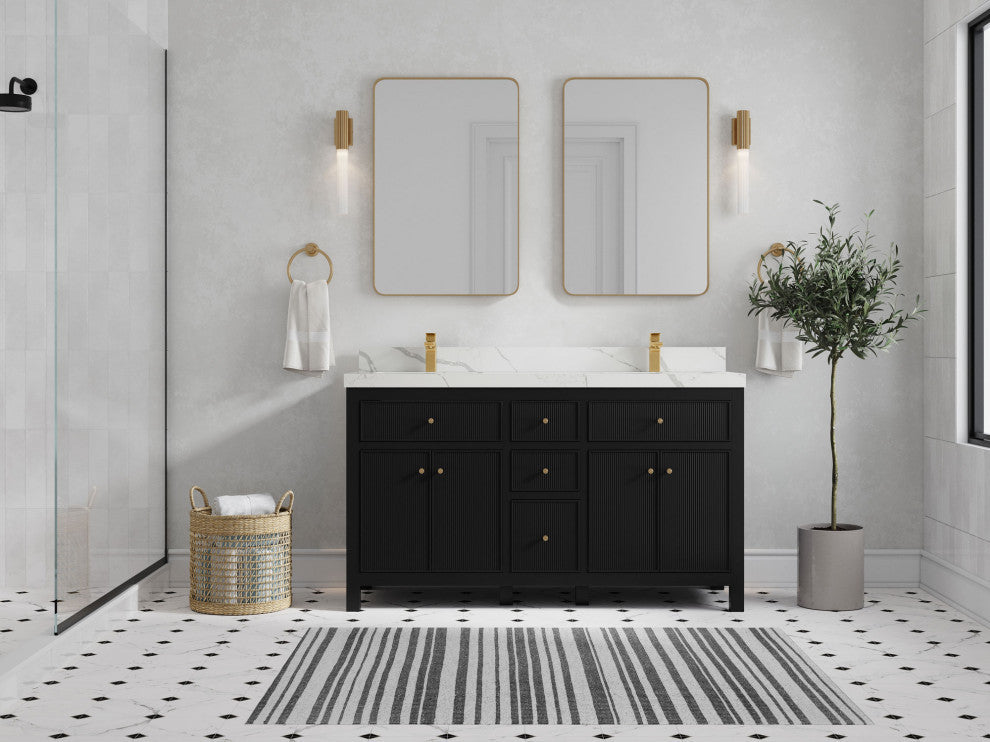 Sonoma 60 Double Sink Reeded Bathroom Vanity in Black 2" Calacatta Laza
