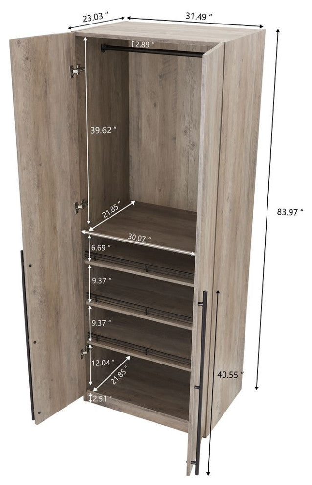 Lee Modern 2-Piece Wardrobe With 1 Rod, 2 Drawers, 3 Shoe Storage & 5 Shelves, Rustic Gray