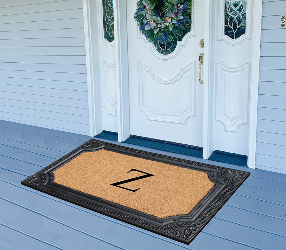 Angela Bronze Finished Black/Beige 24"x39" Monogrammed Doormat, Z