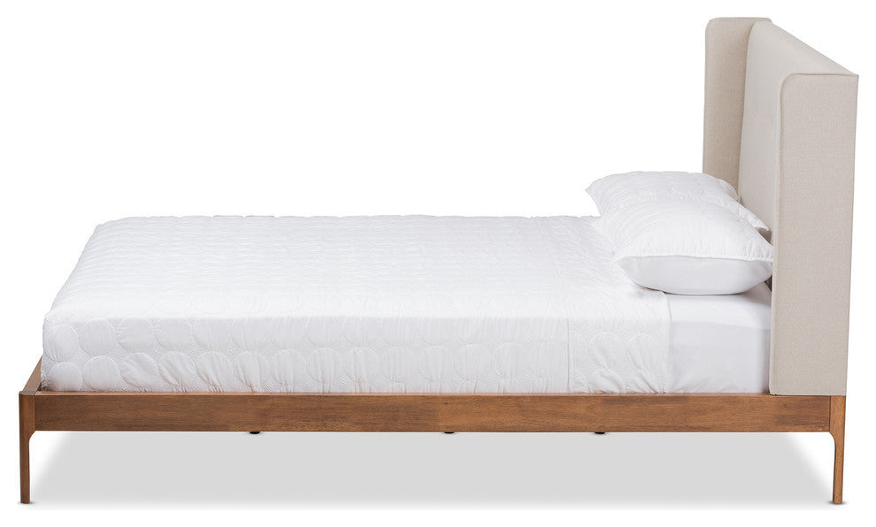 Brooklyn Mid-Century Walnut Wood Beige Fabric Full Size Platform Bed
