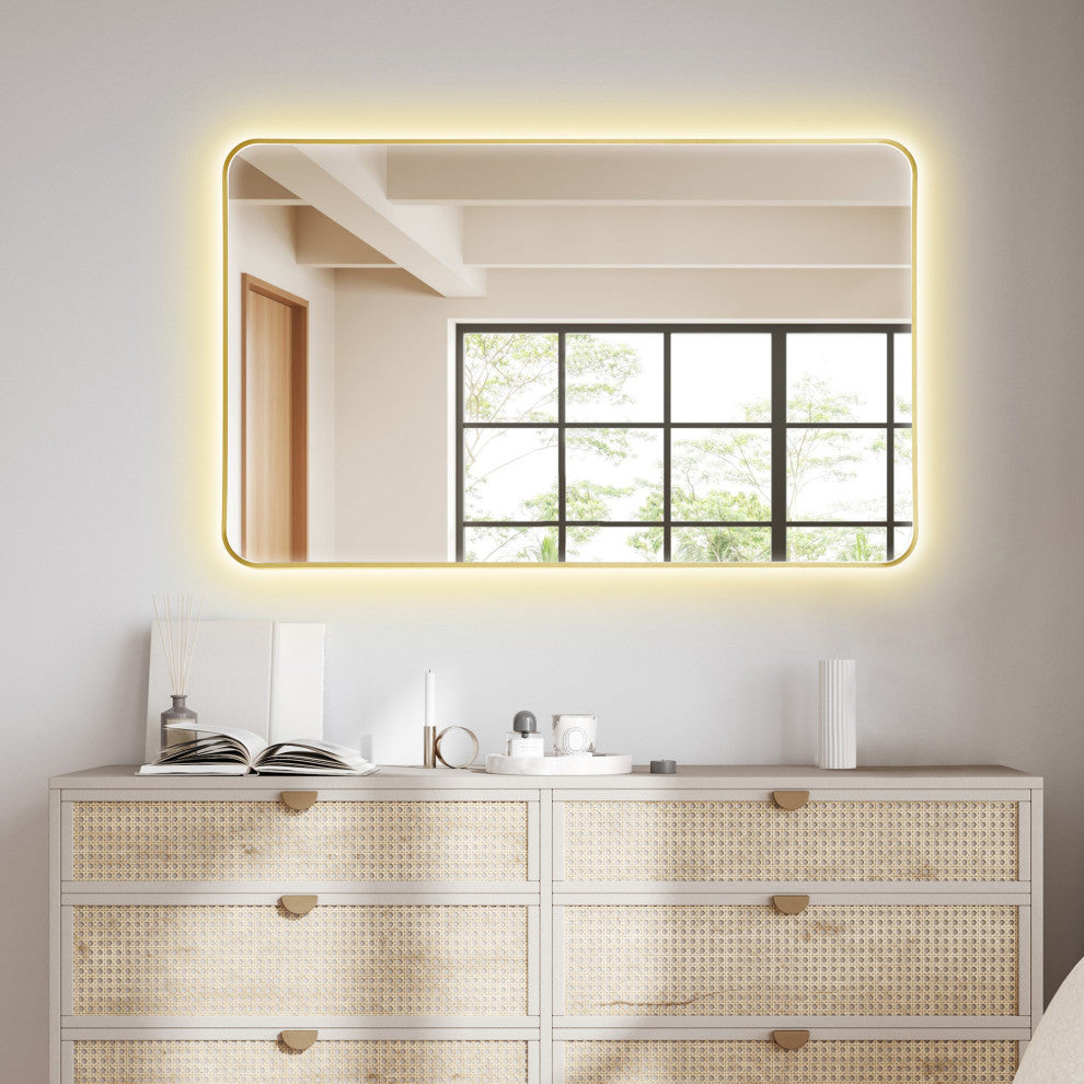 Dazzle Rectangular Bathroom/Vanity LED Lighted Wall Mirror, Brushed Gold, 48"