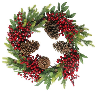 22" Artificial Pine Cone Red Berry and Pine Sprig Christmas Wreath, Unlit