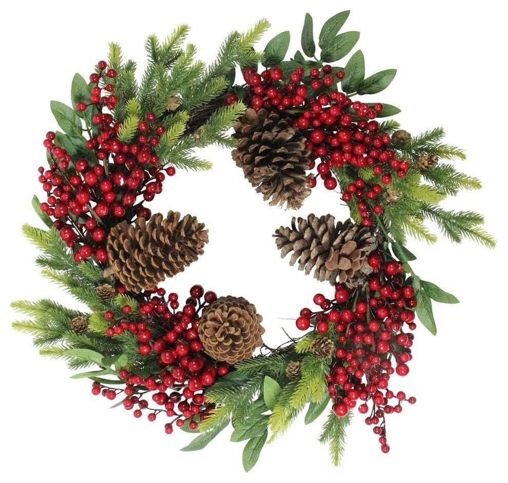 22" Artificial Pine Cone Red Berry and Pine Sprig Christmas Wreath, Unlit