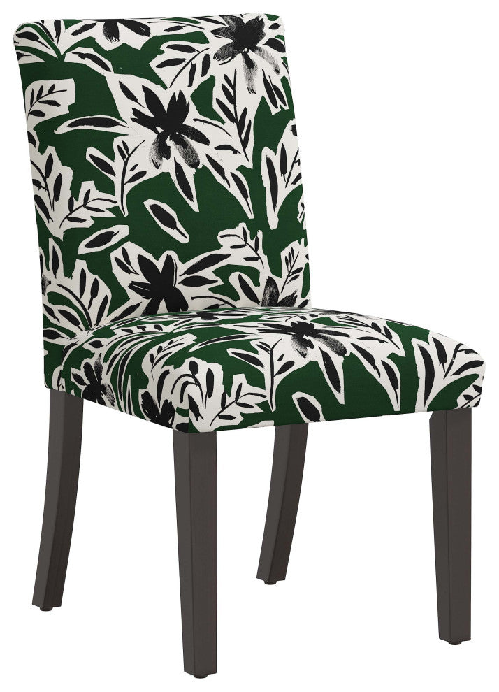 Square Dining Chair With Tapered Legs, Cari Floral Green Black Oga
