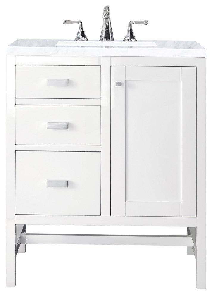 Addison 30" Single Vanity Cabinet, Glossy White, Carrara Marble, Three-Hole