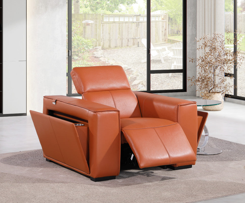 Niccolo Italian Leather Power Reclining Arm Chair With Power Headrests, Camel