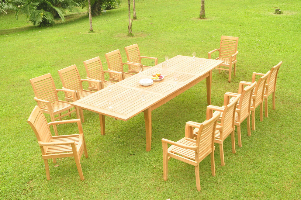 13-Piece Teak Dining Set 122" XL Rectangle Table, 12 Mas Stacking Arm Chairs