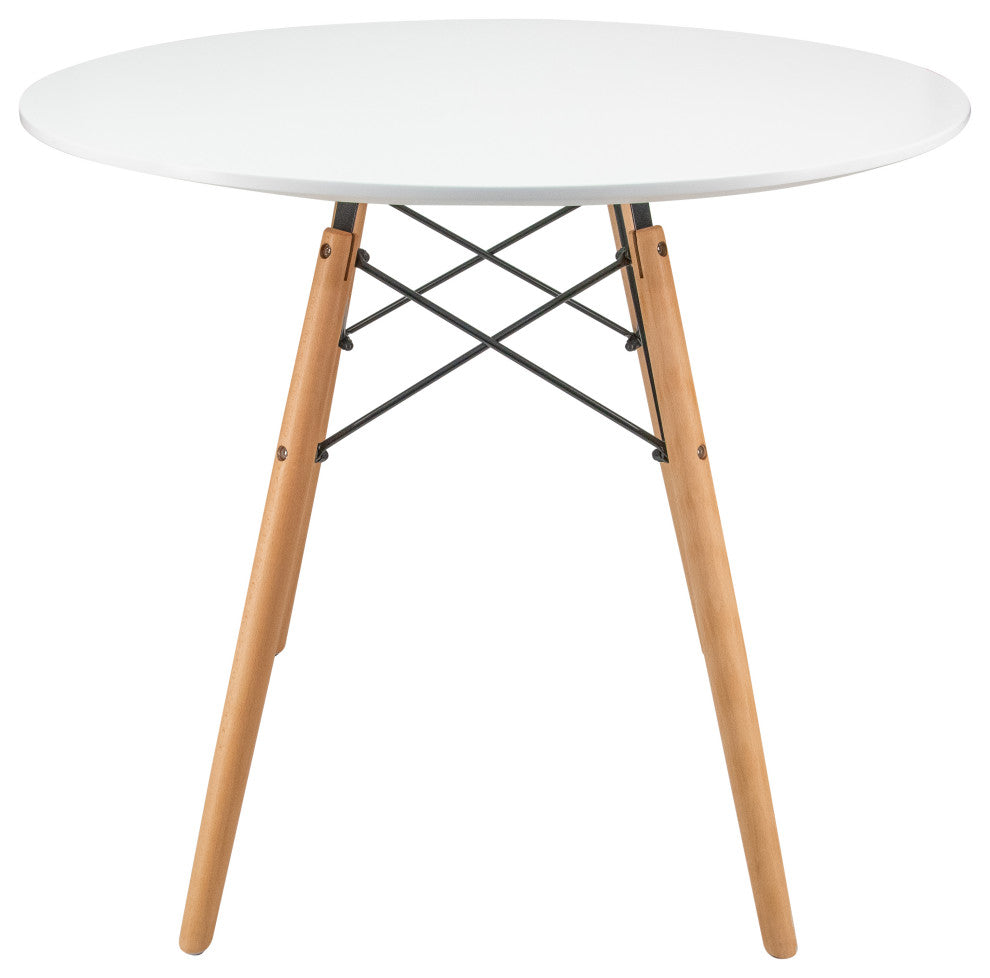 LeisureMod Dover Round Bistro Dining Table With Natural Wood Eiffel Base, White