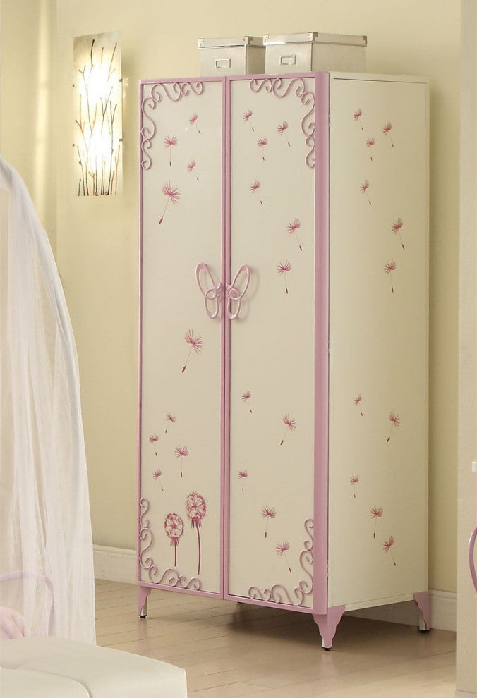 Armoire with Butterfly Design, White and Light Purple