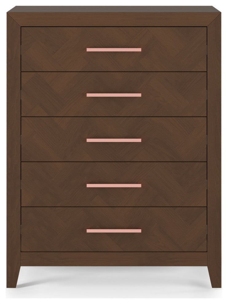 Modern Vertical Dresser, 5 Drawers With Elongated Metal Pulls, Toasted Chestnut