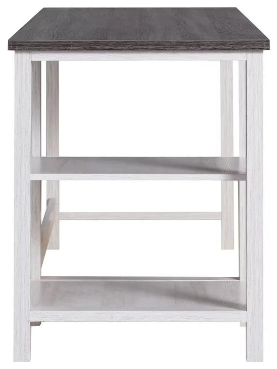 Farmhouse Desk, Wooden Legs With Rectangular Top & Open Comparments, White/Oak