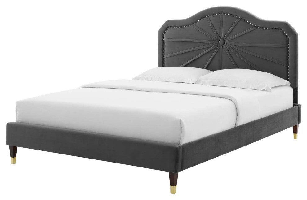 Platform Bed Frame, Queen Size, Velvet, Dark Gray, Modern Contemporary