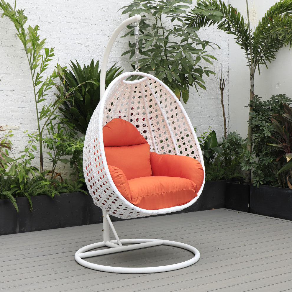 LeisureMod White Wicker Hanging Egg Chair With Stand and Cushion, Orange