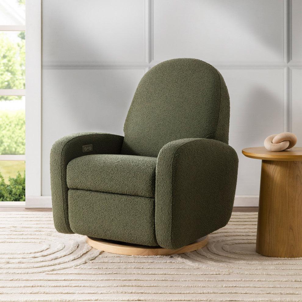 Nami Electronic Recliner and Swivel Glider Recliner, Boucle With USB port, Olive Boucle With Light Wood Base