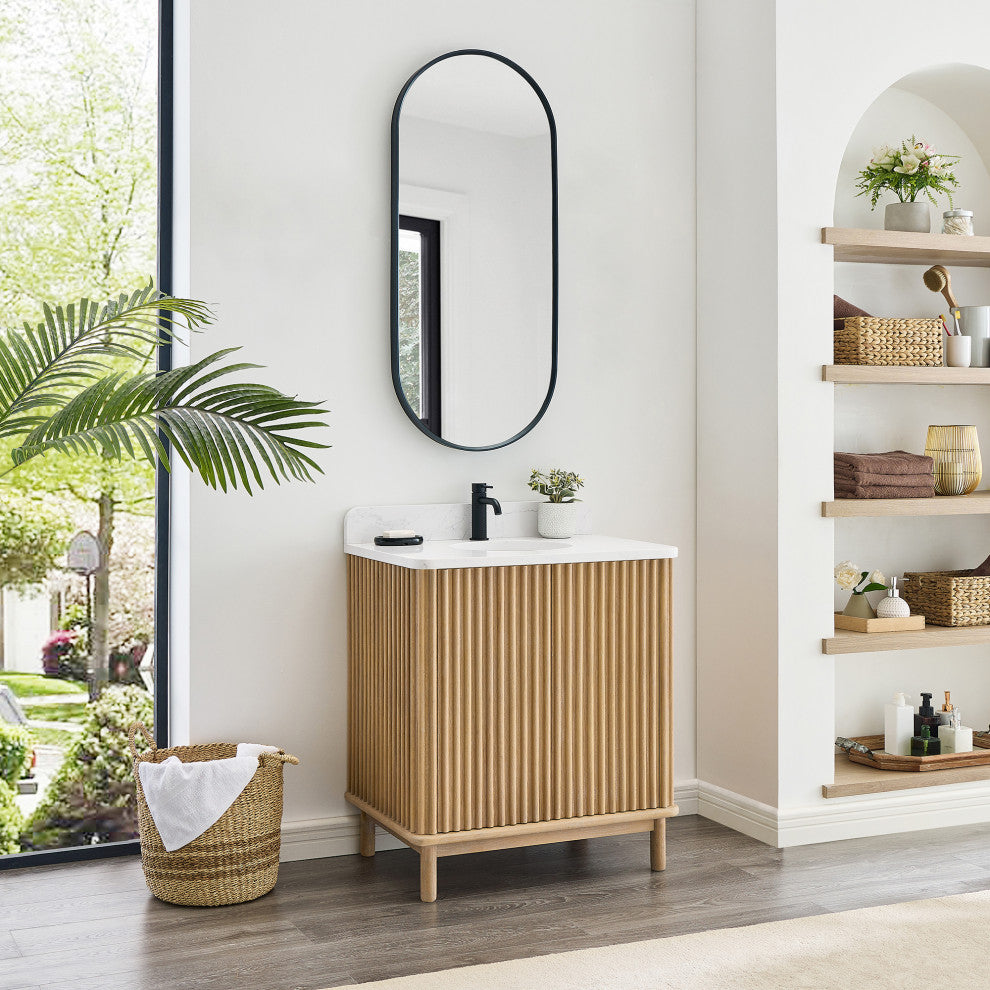 Seoul Bath Vanity, Composite Stone Top No Mirror, Washed Ash Gray, 30", Single Vanity