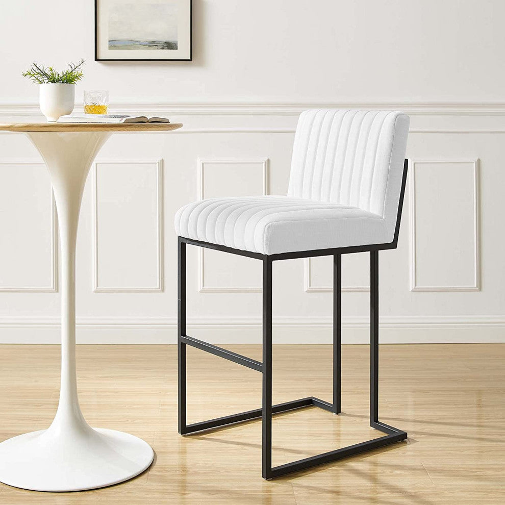 Elegant Bar Stool, Matte Black Stainless Steel Base & Channel Tufted White Seat