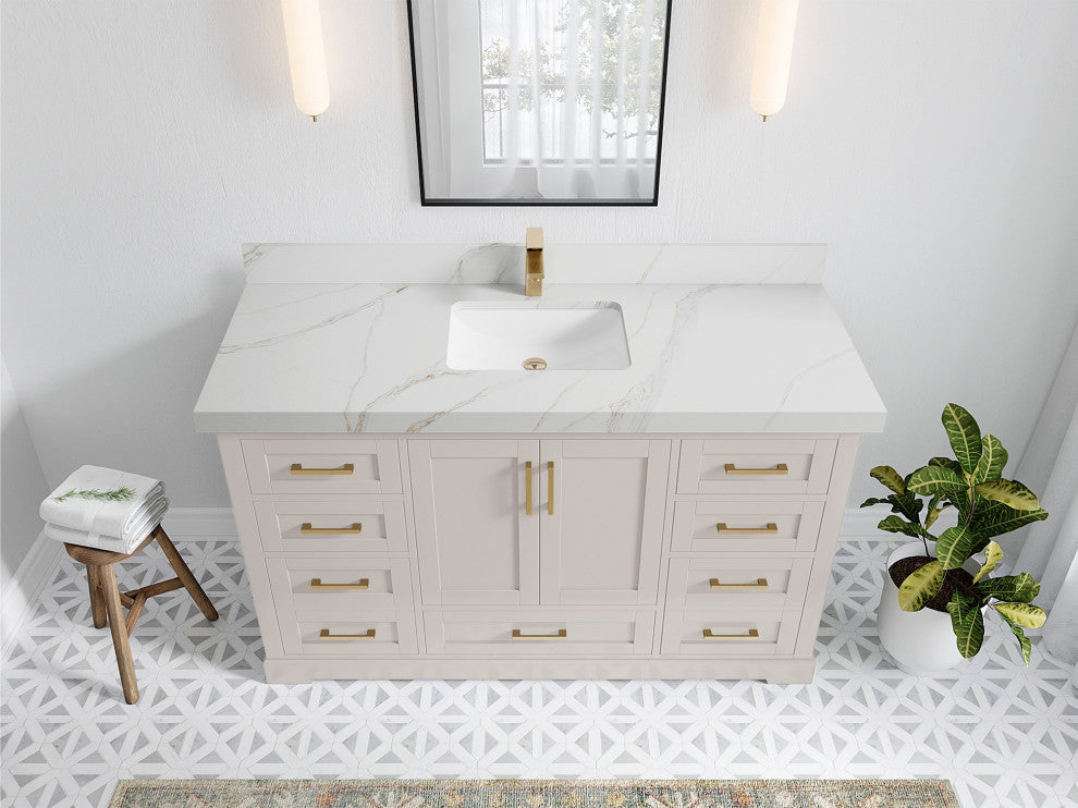 Boston 60" Single Bathroom Vanity in Fine Grain 2" Calacatta Sienna