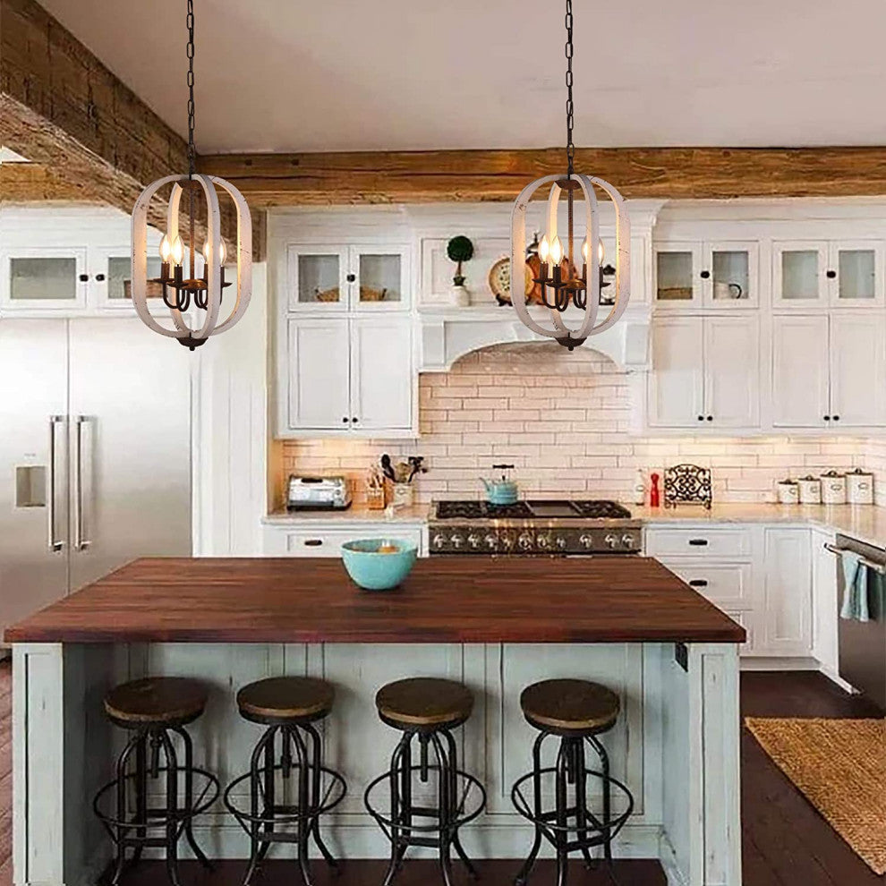 4 Light Wood Chandelier Mini Hanging Pendant Lighting With Retro White Finish