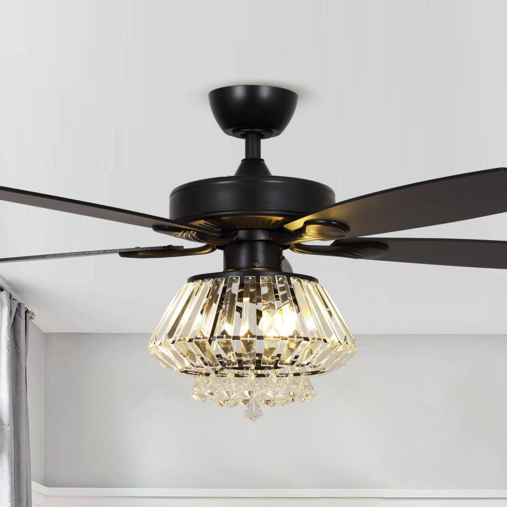 Modern Crystal Ceiling Fan With Lights and Remote Control, 5 Blades, Matte Black