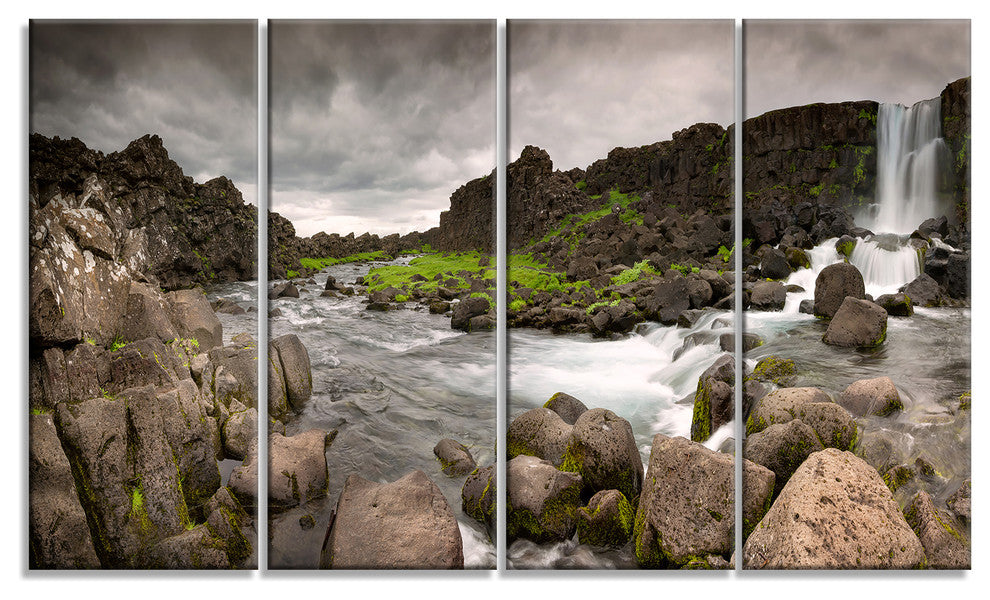 Dramatic Oxarafoss Waterfalls, Abstract Art on Canvas, 48"x28", 4 Panels