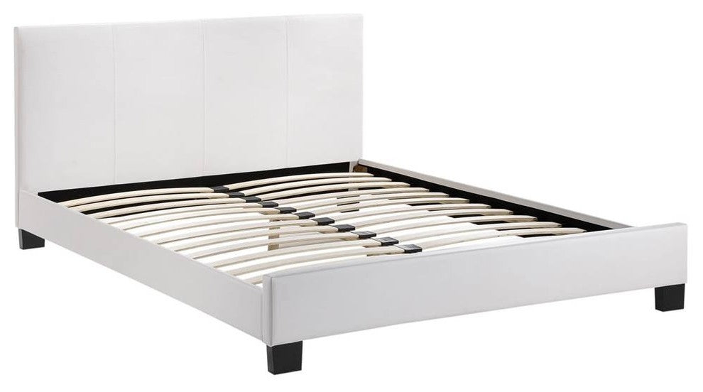Modern Contemporary Queen Size Vinyl Bed Frame, White Faux Leather