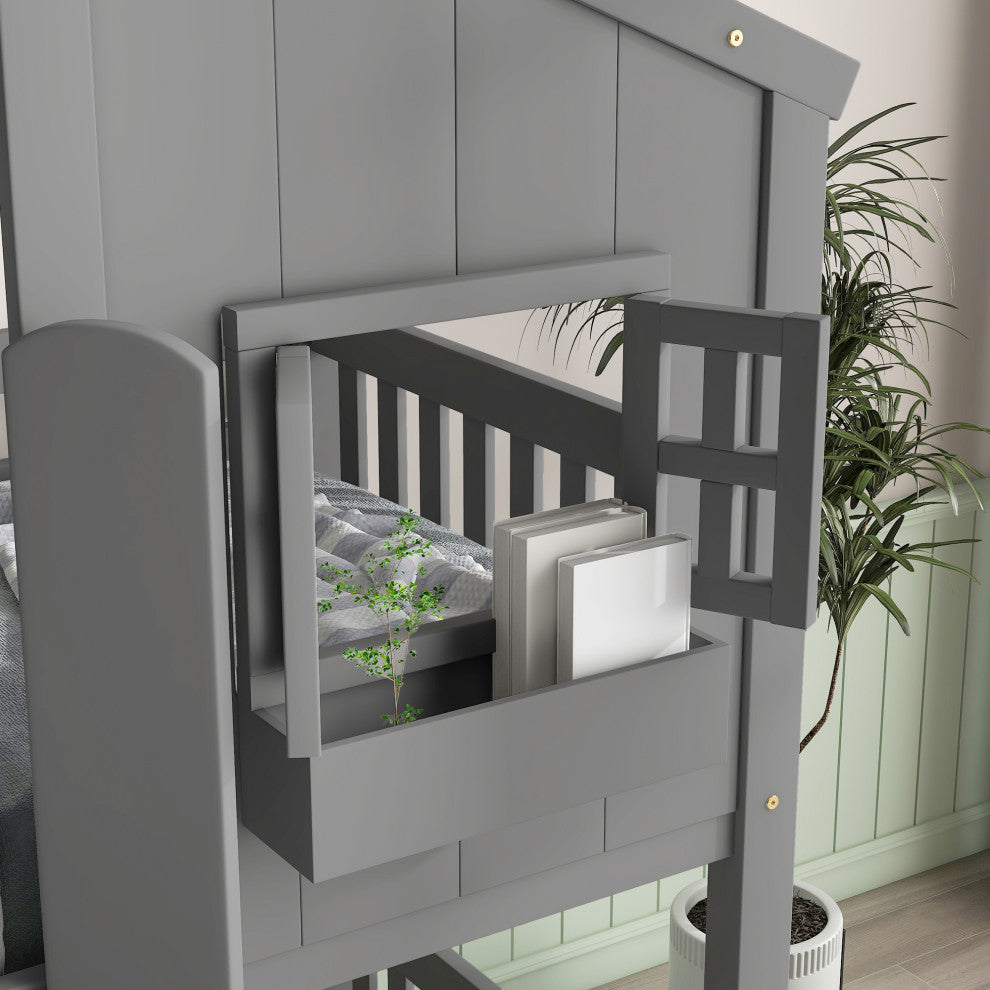 Twin over Twin Low Height Wood House Bunk Bed with Roof and Ladder, Grey