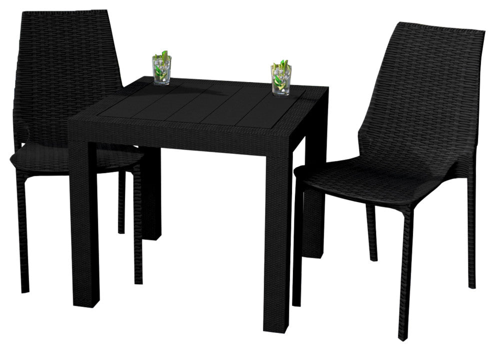 LeisureMod Kent Weave Design 3-Piece Outdoor Patio Dining Set, Black