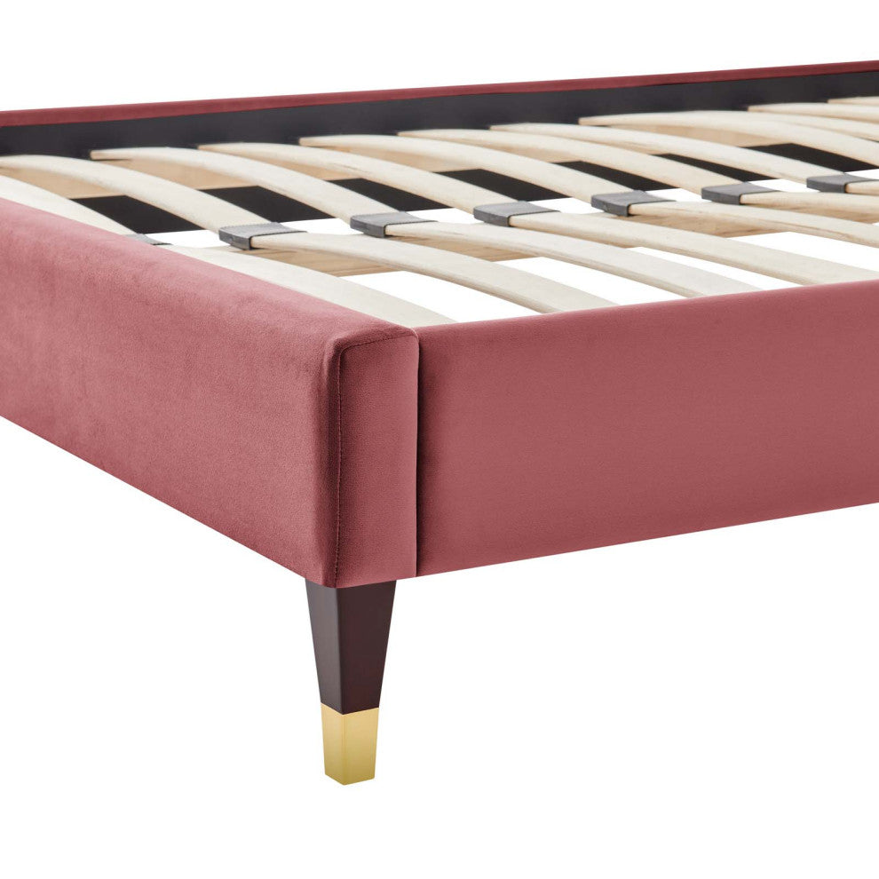 Platform Bed Frame, Queen Size, Velvet, Pink, Modern Contemporary, Bedroom