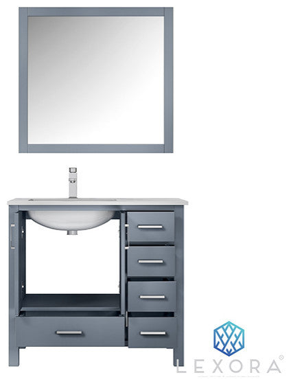 Jacques 36" Vanity, Wht Carrara Marble Top w/ 34" Mirror, Dark Grey, Left