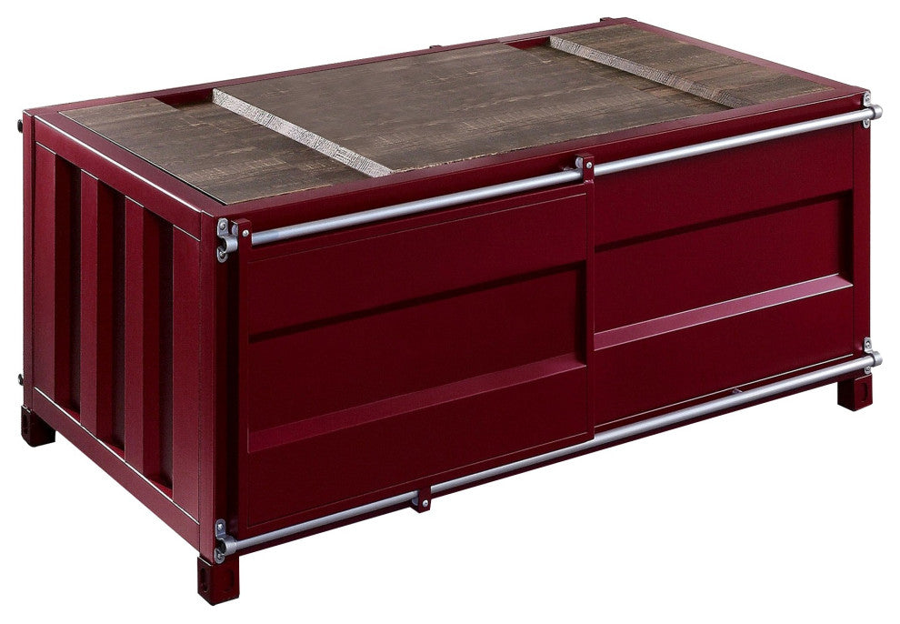 Benzara BM233957 Container Style Coffee Table With Sliding Doors, Red