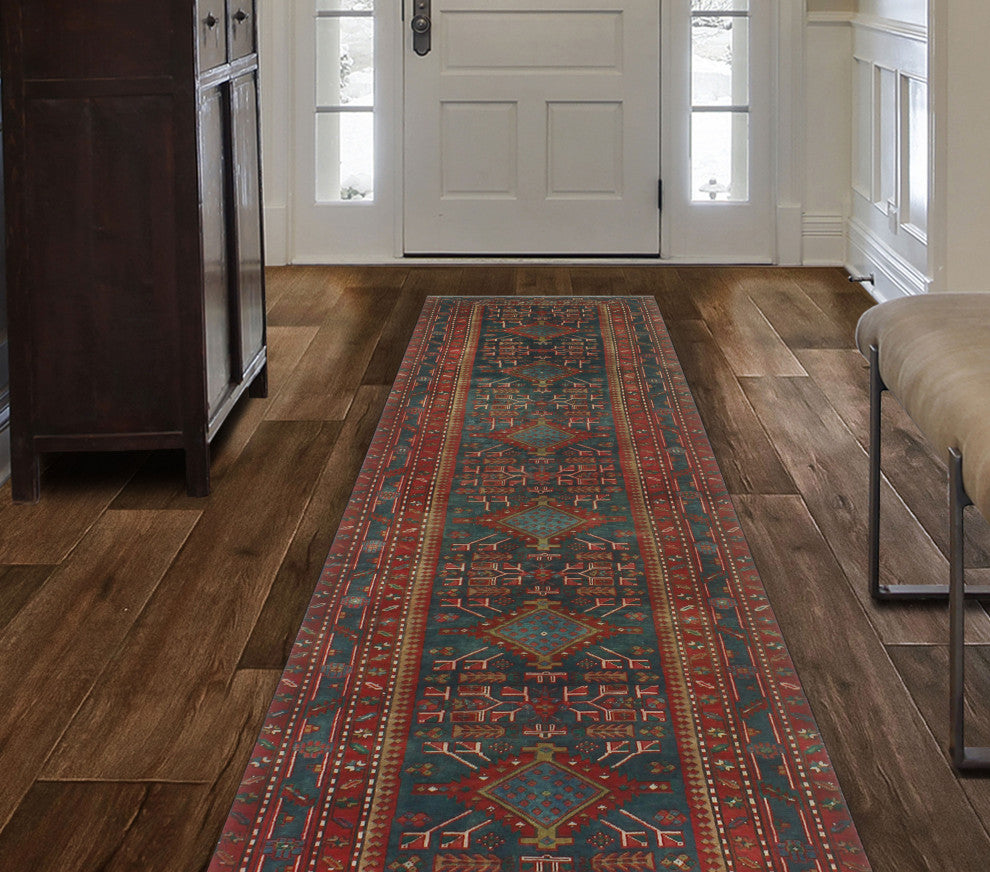 Fine Vintage Distressed Clarissa Navy/Red Runner, 3'7x13'5